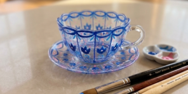 Fotografia szklanej, niebiesko zdobionej filiżanki na spodku, obok pędzle i paleta