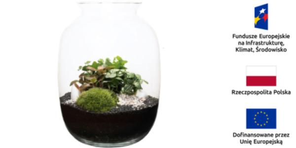 Słoik-terrarium z roślinami i mchem; po prawej trzy logotypy unijne i krajowe