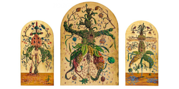 Trzy łukowe grafiki botaniczne z surrealnymi hybrydami roślin, zwierząt i owadów