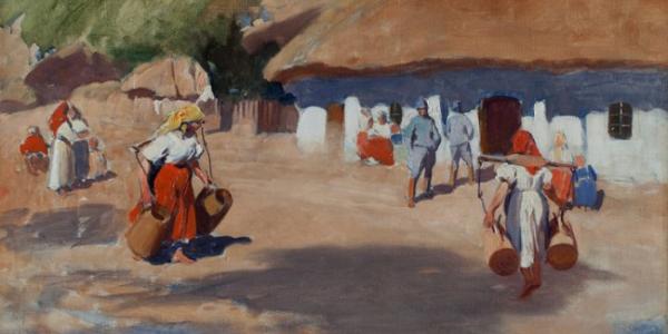 Obraz olejny: wiejska scena, kobiety w tradycyjnych strojach niosą dzbany przed chatami