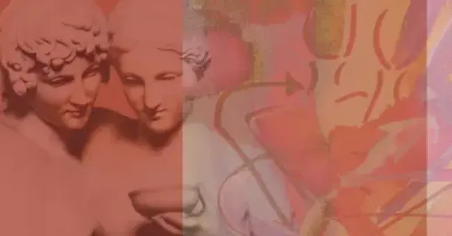 Fotomontaż: zdjęcie dwóch klasycznych rzeźb obok abstrakcyjnej różowo-pomarańczowej grafiki.