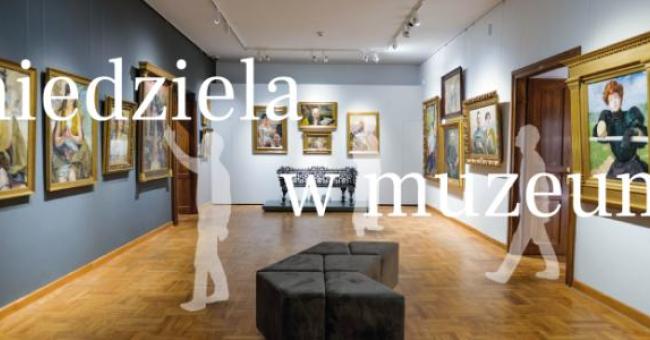 Wnętrze galerii muzealnej z obrazami, białe sylwetki zwiedzających i napis 'niedziela w muzeum'