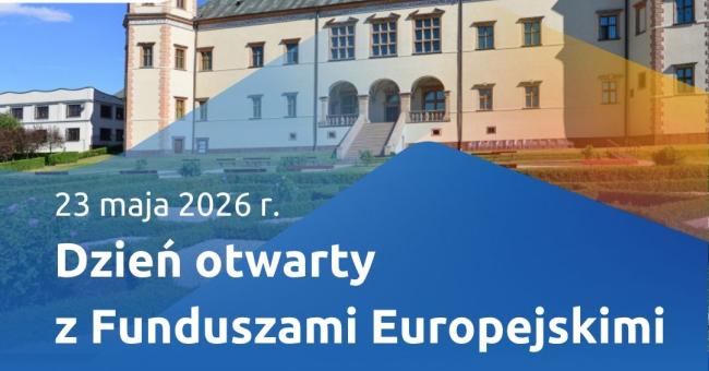 Plakat: Dzień otwarty z Funduszami Europejskimi — budynek, logotypy UE i Polski