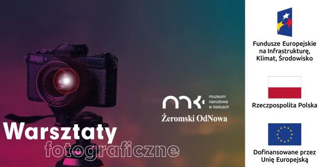Fotografia aparatu na fioletowo-niebieskim tle, napis 'Warsztaty fotograficzne' i logotypy