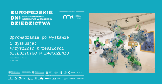 Plakat z logotypami; fotografia wnętrza z zielonymi, wiszącymi instalacjami