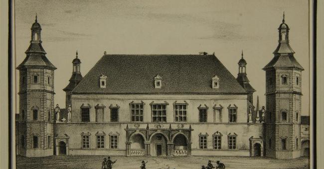 Rycina renesansowego gmachu z dwiema wieżami i postaciami na pierwszym planie