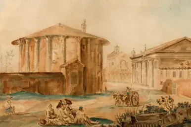 Akwarela ukazująca antyczne ruiny świątyń nad wodą, postacie i powóz