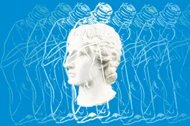 Grafika: biała głowa rzeźby na niebieskim tle z powtarzającymi się konturami