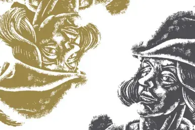 głowy dwóch postaci, jedna odwrócona do góry nogami,  