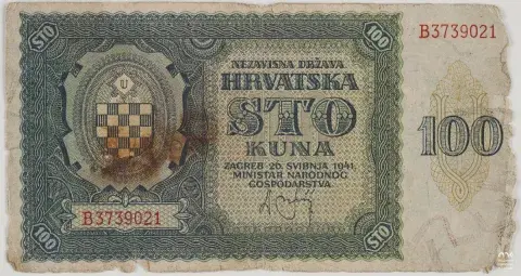 Fotografia banknotu 100 kuna (stary chorwacki), zielono-beżowy z ornamentem