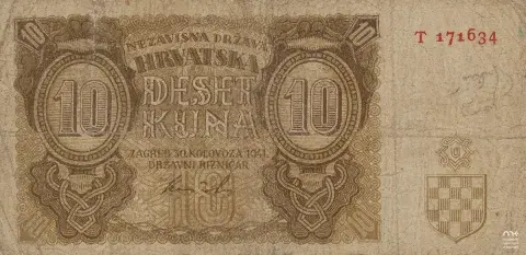 Banknot 10 kuna, brązowy, herb Chorwacji (szachownica), czerwony numer
