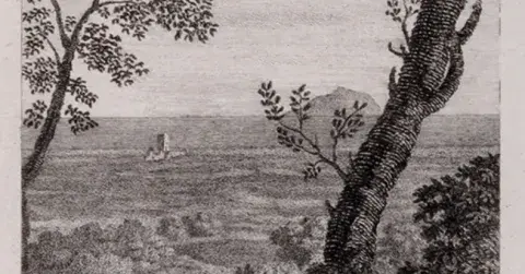 Czarno-biała grafika przedstawiająca rozległy krajobraz z historyczną wieżą w oddali, obramowany gałęziami drzew na pierwszym planie oraz majaczącą na horyzoncie górą.