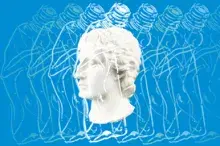 Grafika: biała głowa rzeźby na niebieskim tle z powtarzającymi się konturami