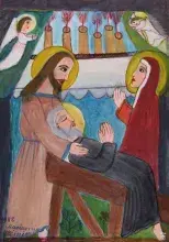 Obraz religijny: Jezus podaje niemowlę umierającemu, Maria modli się, anioły