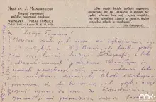 Stara kartka pocztowa z odręcznym fioletowym pismem i drukowanym nagłówkiem