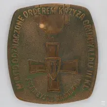 Fotografia brązowego medalu Orderu Krzyża Grunwaldu z krzyżem i napisem