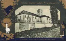 Stara pocztówka: fotografia klasztoru z wieżą, ozdobna ramka z sarną i myśliwym