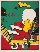 Grafika pop-art: dwie stylizowane postaci — zielony profil i duża biała głowa na kolorowym tle.