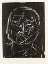 Graficzny, geometryczny portret twarzy narysowany białymi liniami na czarnym tle