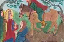 Ilustracja: trzy kobiety w kolorowych sukniach i mężczyzna na koniu pod drzewami