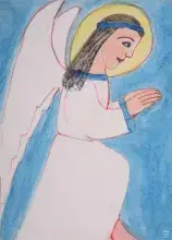 Rysunek klęczącego anioła w białej szacie, aureola, niebieskie tło