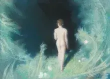 Ilustracja: naga postać idąca ku mrokowi, otoczona świetlistą zielenią i białymi kwiatami