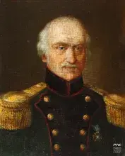 Portret olejny starszego oficera w ciemnym mundurze ze złotymi naramiennikami