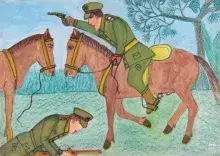 Ilustracja: dwóch żołnierzy w zielonych mundurach przy dwóch kasztanowych koniach na łące
