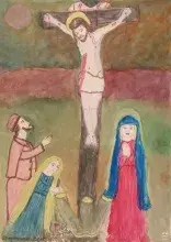 Akwarela ukrzyżowania: Jezus na krzyżu, Maria w niebieskim i dwie osoby klęczące
