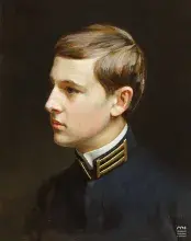Portret młodego mężczyzny w ciemnym mundurze, profil w lewo (obraz)