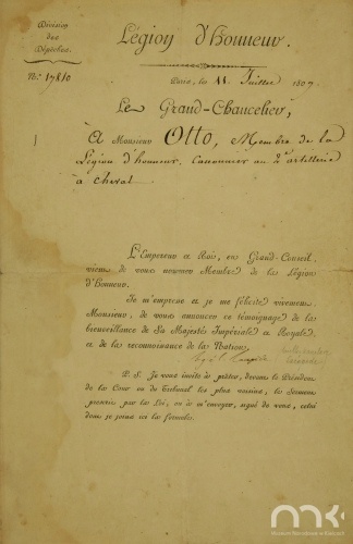 Dokument Legion d?honneur, potwierdzający przyznanie Jakubowi Otto Orderu Legii Honorowej