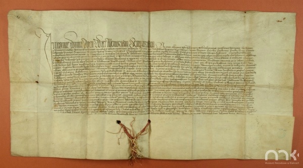 Dokument wystawiony przez króla Władysława Jagiełłę nadający prawa miejskie wzorowane na prawie magdeburskim dla miasta Pińczowa