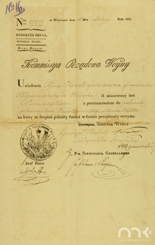 Pismo Komisji Rządowej Wojny zawiadamiające o nominacji Franciszka Kontrymowicza na porucznika pełniącego obowiązki kwatermistrza