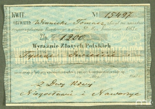 Kwit nr 15497 wydany przez Rząd Narodowy na sumę 1200 złotych polskich za dzierżawę Niegosławic i Nawarzyc,1863
