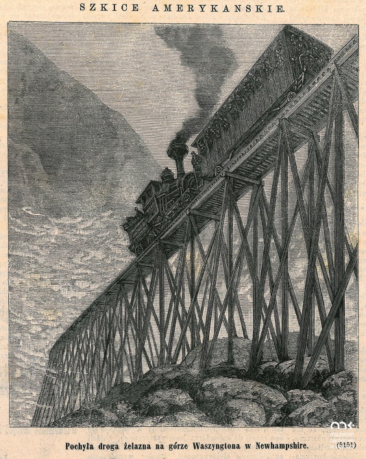 kartki czasopisma z ryciną przedstawiającą pochyłą drogę żelazną na górze Waszyngtona w New Hampshire z cyklu szkice amerykańskie, Stacja Muzeum w Warszawie