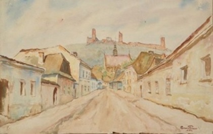 Ryszard Prauss, Chęciny ? ulica z widokiem na kościół i zamek 1955