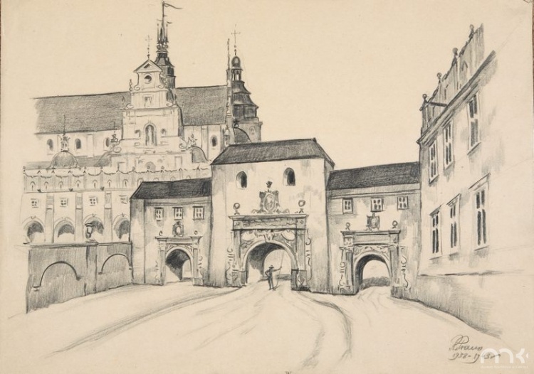 Kielce - widok bramy krakowskiej i katedry (rekonstrukcja)