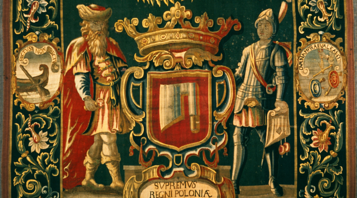 Tapiseria z herbem Topór, tzw. figuralna, kanclerza Stefana Korycińskiego