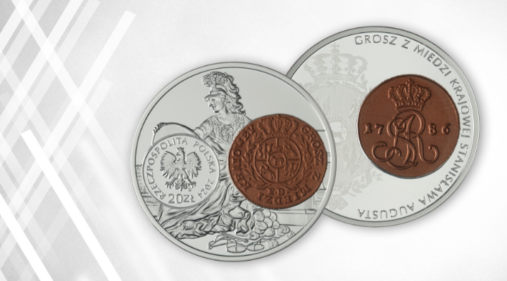 Moneta kolekcjonerska 20 zł: Historia monety polskiej. Grosz z miedzi krajowej S. Augusta