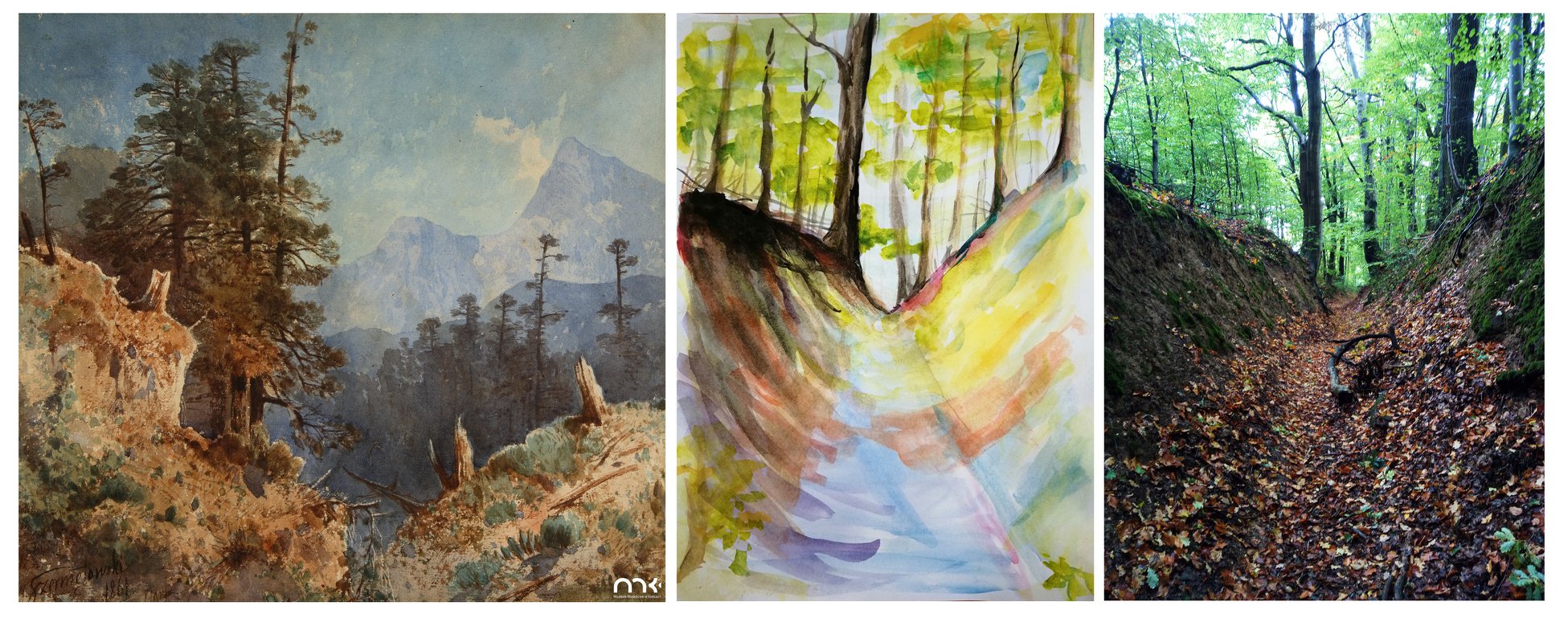 pejzaż, wąwóz, trzy przykłady, obraz Jozefa Szermentowskiego, zdjęcie z rezerwatu Barania Góra i praca w ramch ćwiczenia 