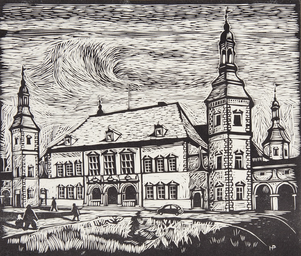 Pałac Biskupów Krakowskich w Kielcach, Henryk Papierniak (1934–1996), Kielce, lata 70. XX wieku, papier, linoryt 