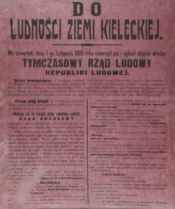 Afisz „Do ludności Ziemi Kieleckiej”, Tymczasowy Rząd Ludowy Republiki Polskiej, Lublin, 07.11.1918