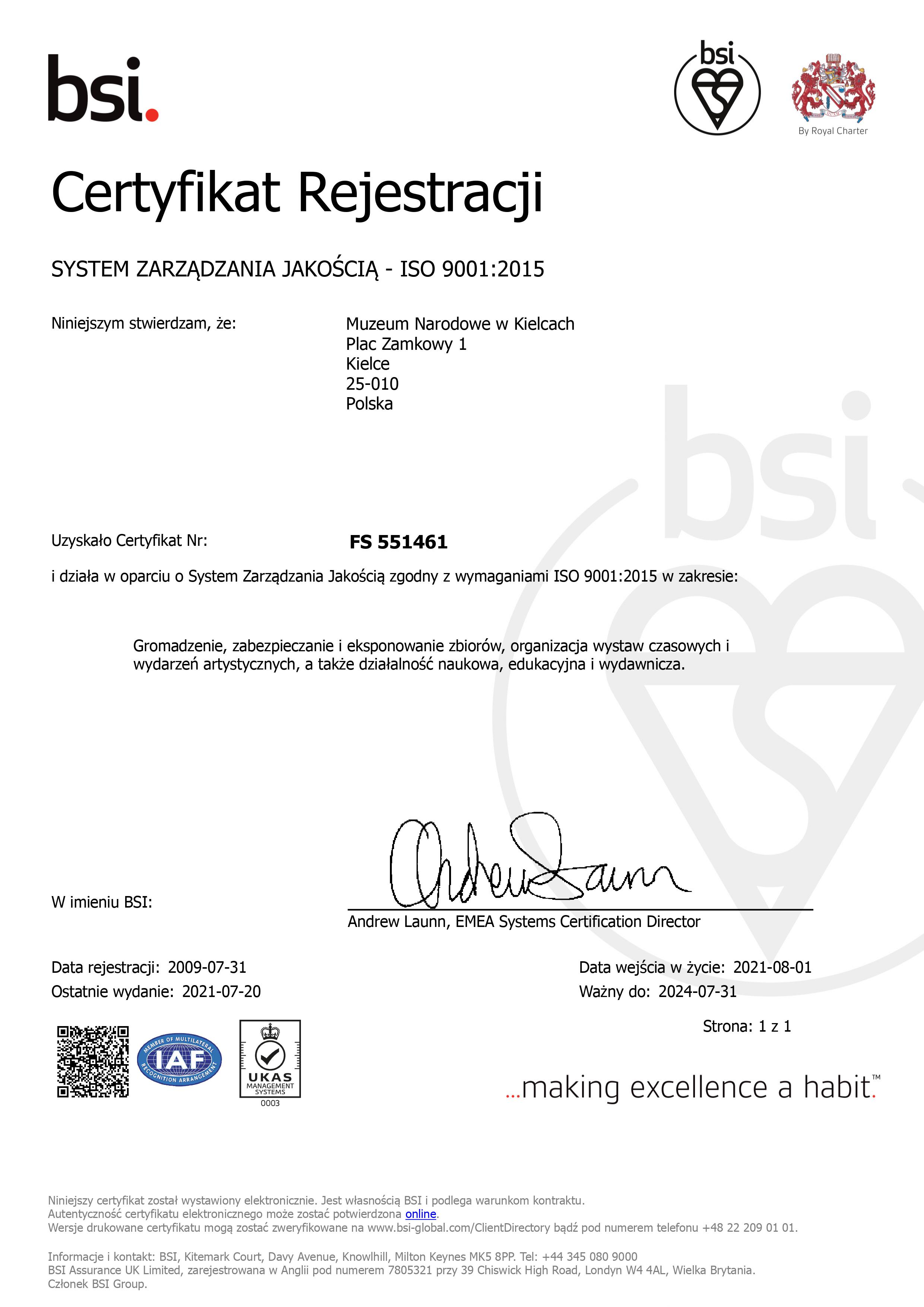 Certyfikat ISO 9001:2015 wersja polska