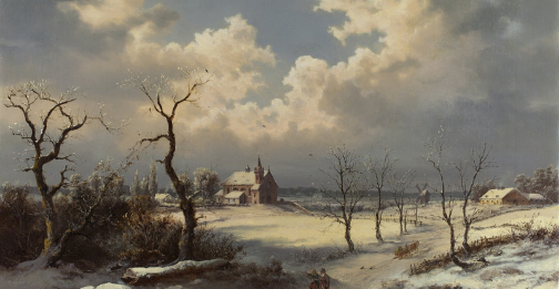 Pejzaż zimowy z kościółkiem, Francizek Kostrzewski, 1857 r., olej na płótnie