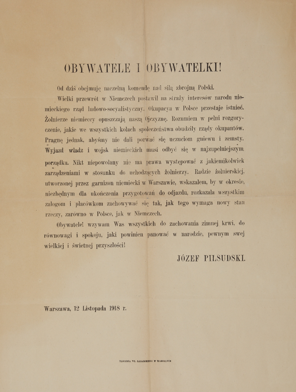Afisz: Obywatele i Obywatelki!, papier, Polska, Warszawa, 12.11.1918