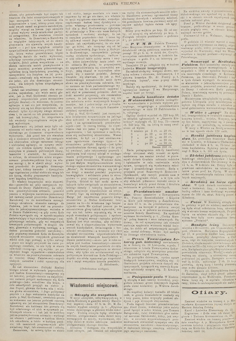 [Artykuł Zdzisława Skłodowskiego], „Gazeta Kielecka” 1907, nr 90, s. 1, 2